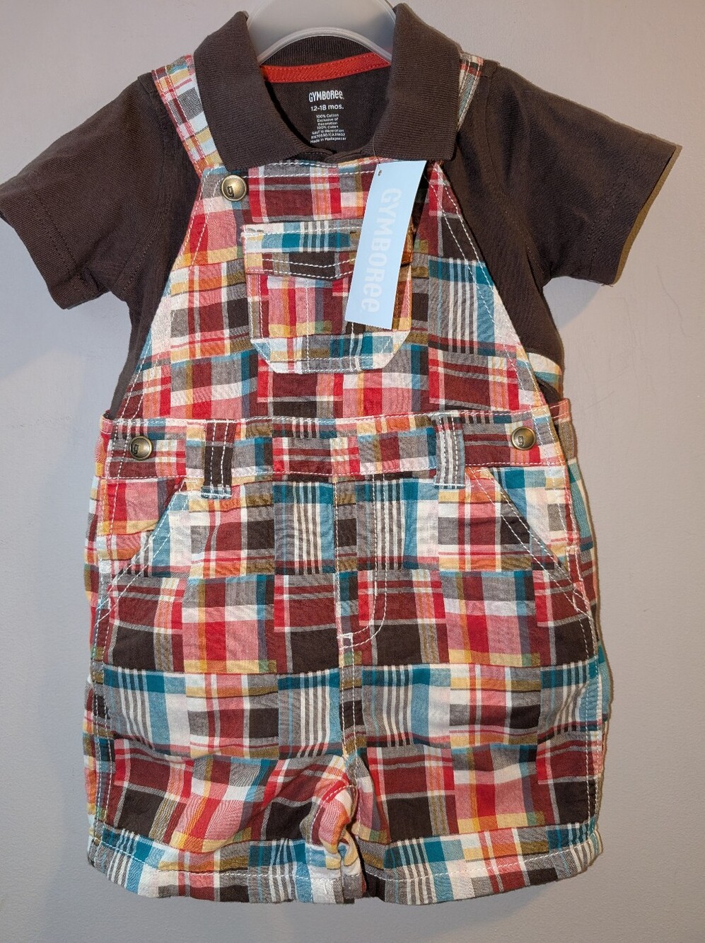 🆕 Gymboree Spring Smiles Set Brown Polo & Multicolor Plaid Shortalls 12-18 Boys